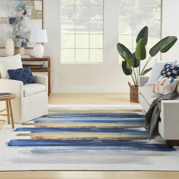 Homeroots 5' X 7' Ivory And Blue Abstract Power Loom Washable Non Skid Area Rug  Cotton Blend 533168
