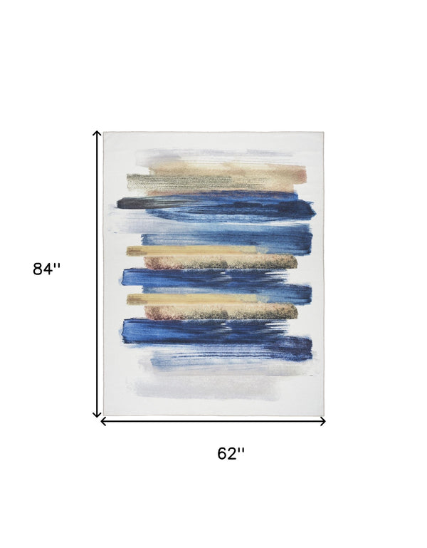 Homeroots 5' X 7' Ivory And Blue Abstract Power Loom Washable Non Skid Area Rug  Cotton Blend 533168
