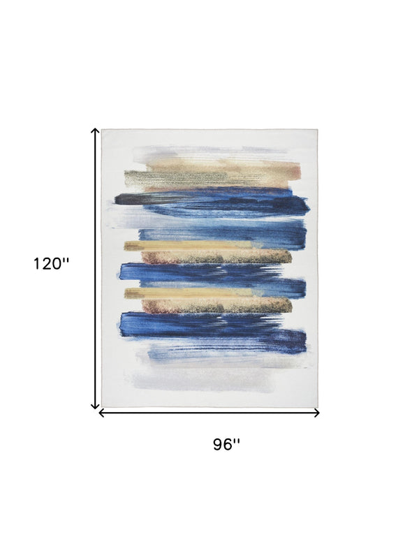 Homeroots 8' X 10' Ivory And Blue Abstract Power Loom Washable Non Skid Area Rug  Cotton Blend 533183