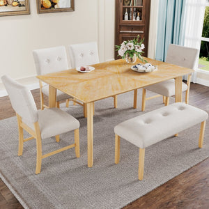 English Elm 6 Piece Farmhouse Dining Set Rubberwood Legs Tufted Chairs Bench Natural Ash Table N752S600015D