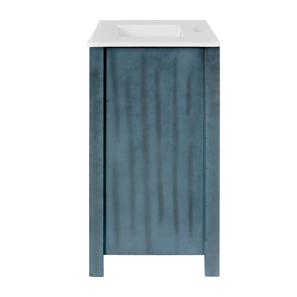 English Elm 36" Bathroom Vanity Organizer with Ceramic Sink, Solid Wood Distressed Finish, Hand-Painted Charm and Ample Storage Retro Blue N729P255666C