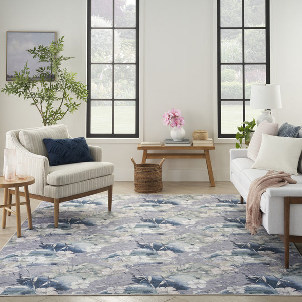 Homeroots 5' X 7' Ivory Blue And Gray Floral Power Loom Washable Non Skid Area Rug  Cotton Blend 533205