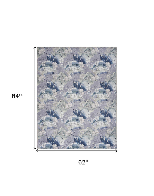 Homeroots 5' X 7' Ivory Blue And Gray Floral Power Loom Washable Non Skid Area Rug  Cotton Blend 533205