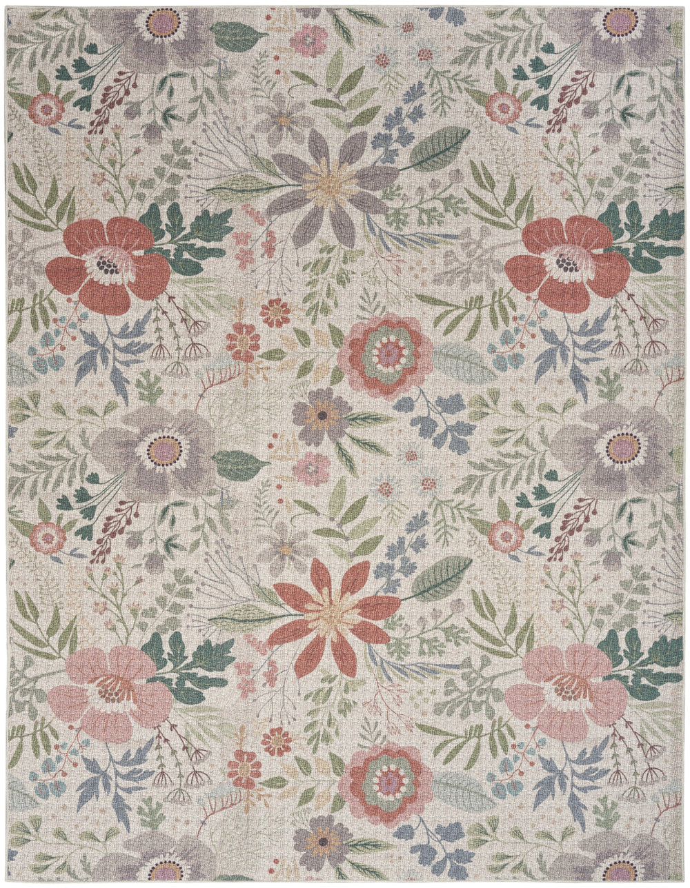 Homeroots 5' X 7' Ivory Green And Red Floral Power Loom Washable Non Skid Area Rug  Cotton Blend 533206
