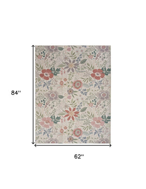 Homeroots 5' X 7' Ivory Green And Red Floral Power Loom Washable Non Skid Area Rug  Cotton Blend 533206