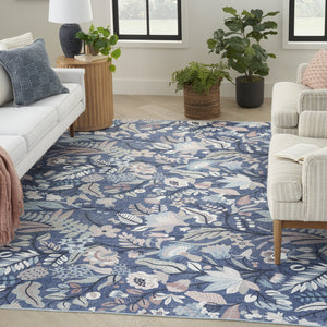 Homeroots 5' X 7' Blue And Off White Floral Power Loom Washable Non Skid Area Rug  Cotton Blend 533208