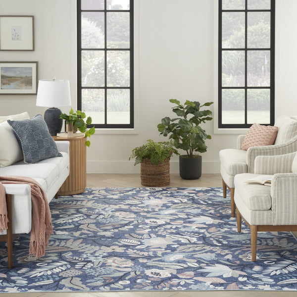Homeroots 5' X 7' Blue And Off White Floral Power Loom Washable Non Skid Area Rug  Cotton Blend 533208