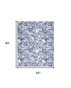 Homeroots 5' X 7' Blue And Off White Floral Power Loom Washable Non Skid Area Rug  Cotton Blend 533208