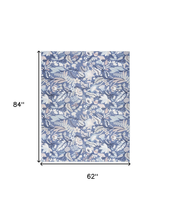 Homeroots 5' X 7' Blue And Off White Floral Power Loom Washable Non Skid Area Rug  Cotton Blend 533208
