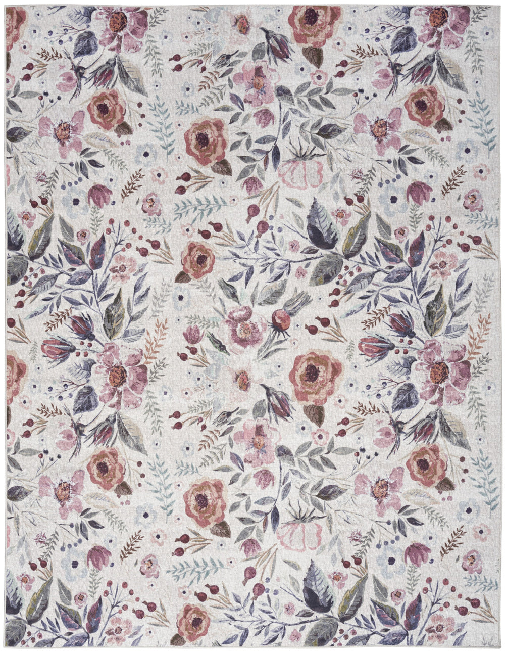 Homeroots 6' X 9' Ivory Pink And Green Floral Power Loom Washable Non Skid Area Rug  Cotton Blend 533211