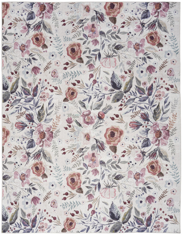 Homeroots 6' X 9' Ivory Pink And Green Floral Power Loom Washable Non Skid Area Rug  Cotton Blend 533211