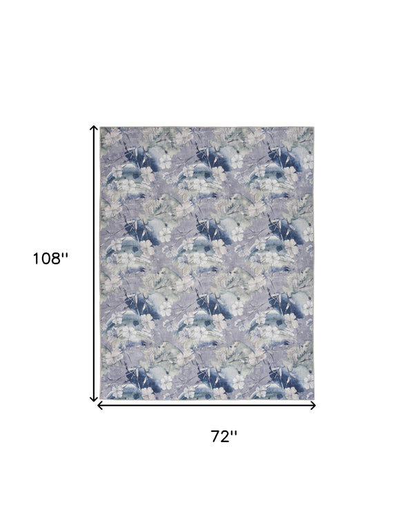 Homeroots 6' X 9' Ivory Blue And Gray Floral Power Loom Washable Non Skid Area Rug  Cotton Blend 533213