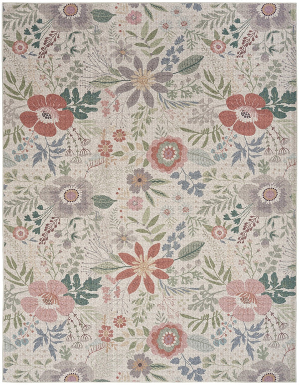 HomeRoots 6' Elegant Ivory Green and Red Floral Power Loom Area Rug - Washable, Non-Skid, and Stylish! 6' X 9' 533214