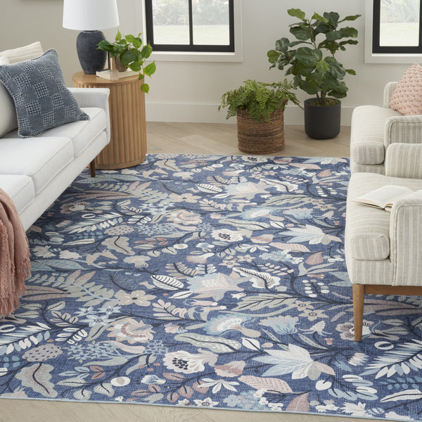 Homeroots 6' X 9' Blue And Off White Floral Power Loom Washable Non Skid Area Rug  Cotton Blend 533216