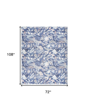 Homeroots 6' X 9' Blue And Off White Floral Power Loom Washable Non Skid Area Rug  Cotton Blend 533216