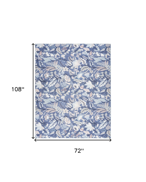 Homeroots 6' X 9' Blue And Off White Floral Power Loom Washable Non Skid Area Rug  Cotton Blend 533216