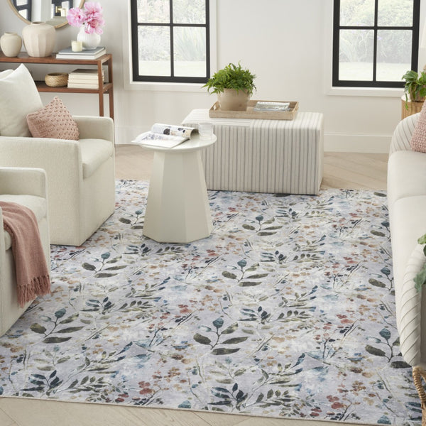 HomeRoots 6' Ivory Blue and Gray Floral Area Rug - Timeless Power Loom Design, Washable & Non-Skid for Comfort 6' X 9' 533218