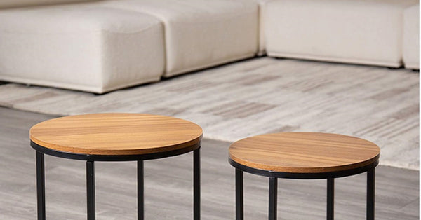 English Elm Contemporary Nesting Tables Metal and Solid Wood Space-Saving Stackable Accent Side Tables Set Natural+Black 18 L x 5 W x 18 H B2741P341677