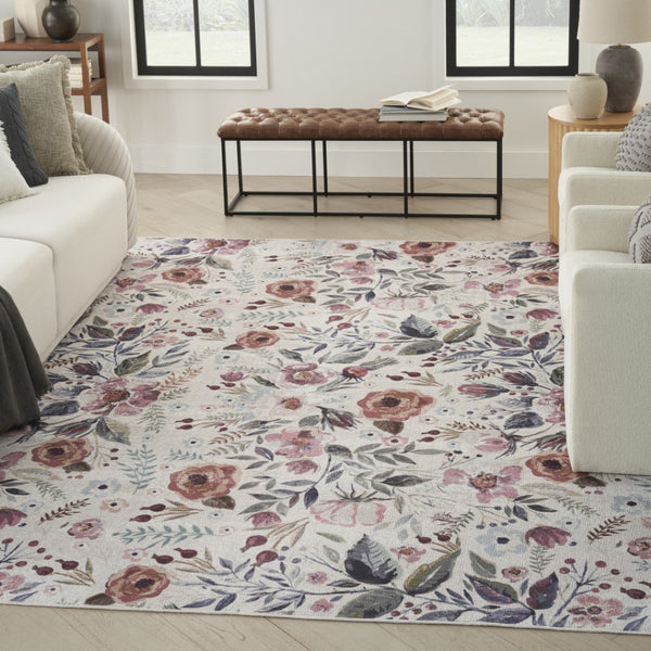 HomeRoots 6' Elegant Floral Area Rug - Ivory, Pink & Green Power Loom Design, Washable & Non-Skid Backing 8' X 10' 533227