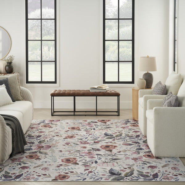 HomeRoots 6' Elegant Floral Area Rug - Ivory, Pink & Green Power Loom Design, Washable & Non-Skid Backing 8' X 10' 533227