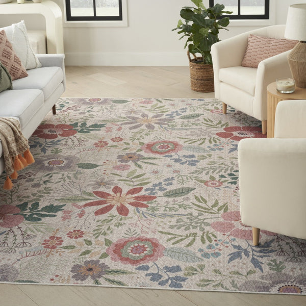 HomeRoots 6' Elegant Ivory Green and Red Floral Power Loom Area Rug - Washable, Non-Skid, and Stylish! 8' X 10' 533230
