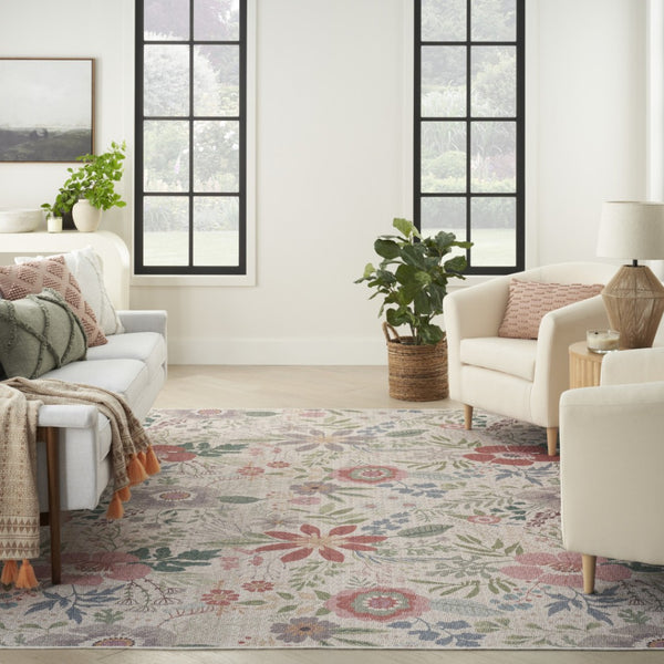HomeRoots 6' Elegant Ivory Green and Red Floral Power Loom Area Rug - Washable, Non-Skid, and Stylish! 8' X 10' 533230
