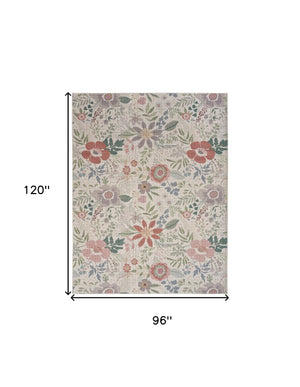 Homeroots 8' X 10' Ivory Green And Red Floral Power Loom Washable Non Skid Area Rug  Cotton Blend 533230