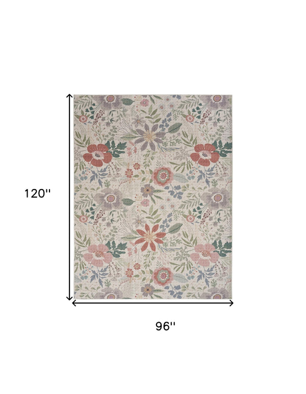 Homeroots 8' X 10' Ivory Green And Red Floral Power Loom Washable Non Skid Area Rug  Cotton Blend 533230