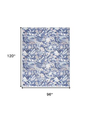 Homeroots 8' X 10' Blue And Off White Floral Power Loom Washable Non Skid Area Rug  Cotton Blend 533232