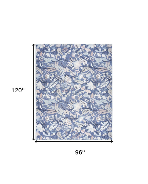 Homeroots 8' X 10' Blue And Off White Floral Power Loom Washable Non Skid Area Rug  Cotton Blend 533232