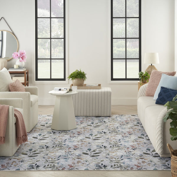 HomeRoots 6' Ivory Blue and Gray Floral Area Rug - Timeless Power Loom Design, Washable & Non-Skid for Comfort 8' X 10' 533234