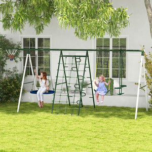English Elm Outsunny Heavy Duty Steel Backyard Playset with Saucer Swing Slide and Climbing Net W2225P217339