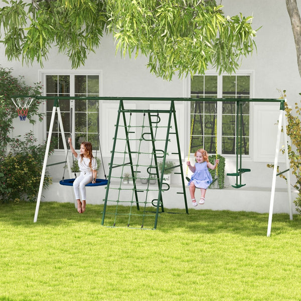 English Elm Outsunny Heavy Duty Steel Backyard Playset with Saucer Swing Slide and Climbing Net W2225P217339