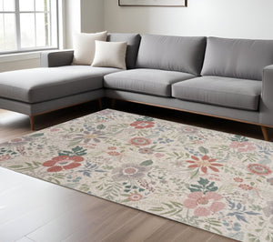 HomeRoots 9' Elegant Floral Area Rug in Cream, Pink, and Green – Washable Design for Easy Care & Style 9' X 12' 533238
