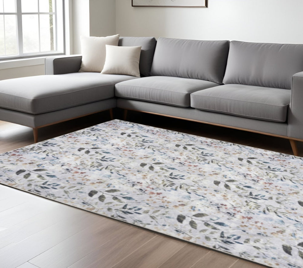 HomeRoots 9' X 12' Elegant Gray and Blue Floral Area Rug - Washable, Low Pile, Perfect for High-Traffic Spaces 533242