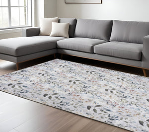 HomeRoots 9' X 12' Elegant Gray and Blue Floral Area Rug - Washable, Low Pile, Perfect for High-Traffic Spaces 533242