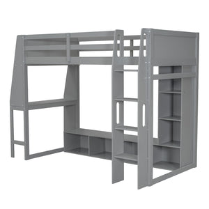English Elm Wood Twin Size Gaming Loft Bed With Desk, Shelves, Led Lights & Clothes Rack - Gray Space Saver! N7090001041E-GIGA