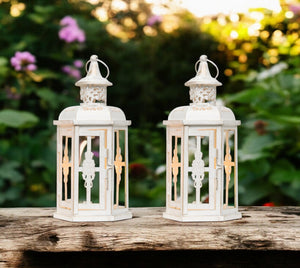 Homeroots Set Of Two Elegant White And Gold Glass Lantern Candle Holders For Stylish Home Decor Accents   533261