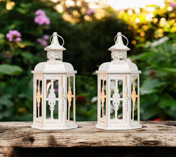 Homeroots Set Of Two Elegant White And Gold Glass Lantern Candle Holders For Stylish Home Decor Accents   533261