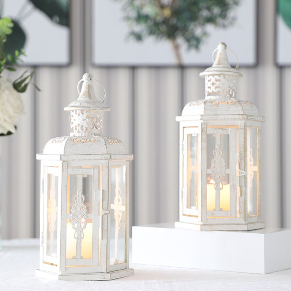 Homeroots Set Of Two Elegant White And Gold Glass Lantern Candle Holders For Stylish Home Decor Accents   533261