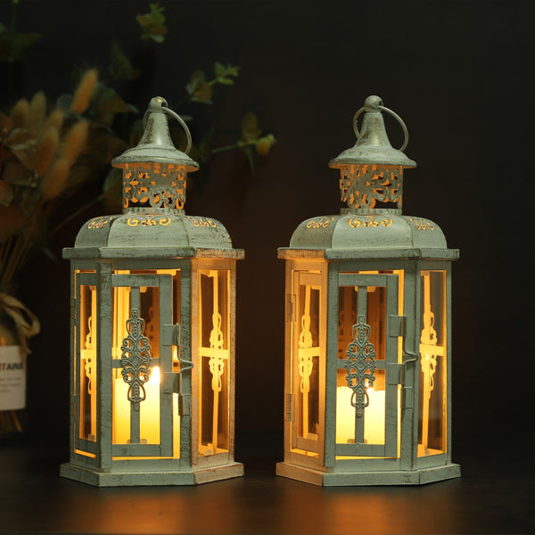 Homeroots Set Of Two Elegant White And Gold Glass Lantern Candle Holders For Stylish Home Decor Accents   533261