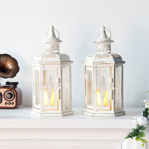 Homeroots Set Of Two Elegant White And Gold Glass Lantern Candle Holders For Stylish Home Decor Accents   533261