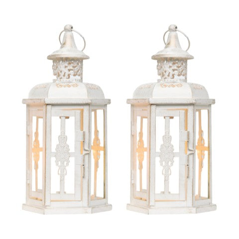Homeroots Set Of Two Elegant White And Gold Glass Lantern Candle Holders For Stylish Home Decor Accents   533261