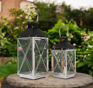 Homeroots Set Of Two Elegant Black And Silver Geometric Floor Lantern Candle Holders For Stylish Décor   533262