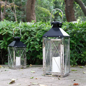 Homeroots Set Of Two Elegant Black And Silver Geometric Floor Lantern Candle Holders For Stylish Décor   533262