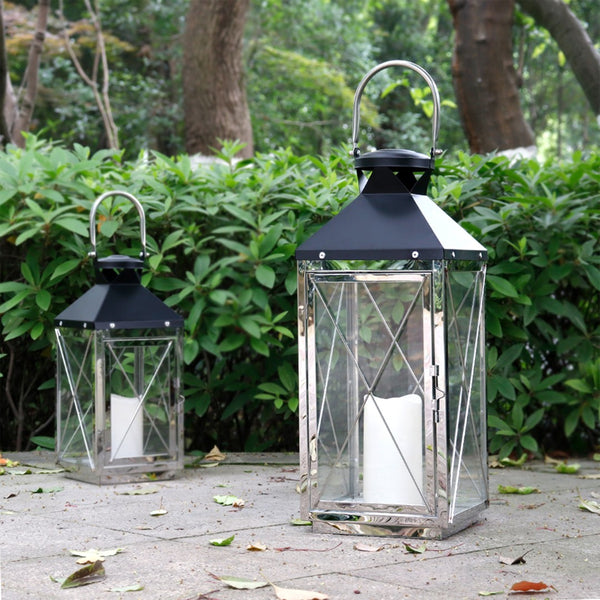 Homeroots Set Of Two Elegant Black And Silver Geometric Floor Lantern Candle Holders For Stylish Décor   533262