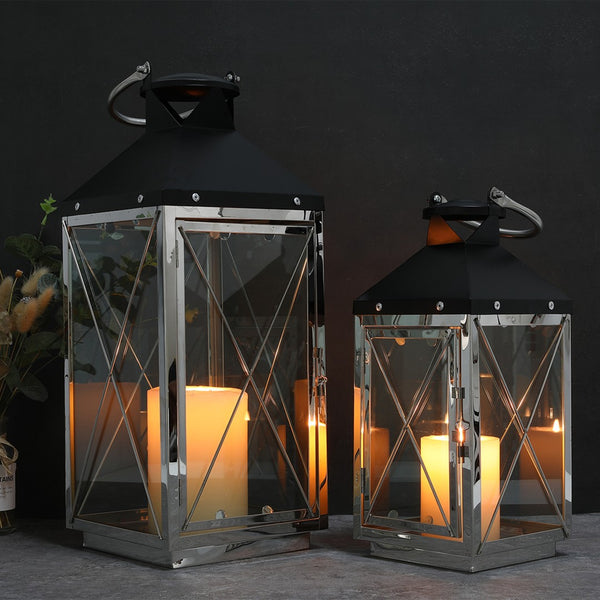 Homeroots Set Of Two Elegant Black And Silver Geometric Floor Lantern Candle Holders For Stylish Décor   533262