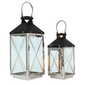 Homeroots Set Of Two Elegant Black And Silver Geometric Floor Lantern Candle Holders For Stylish Décor   533262