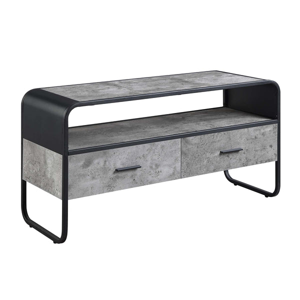 English Elm Metal Industrial TV Stand with Concrete Gray Shelves, Black Metal Frame, 2 Storage Drawers & Open Display Space B016P324158