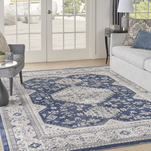 Homeroots 9' X 12' Ivory Blue And Gray Oriental Power Loom Area Rug  Polypropylene 533278